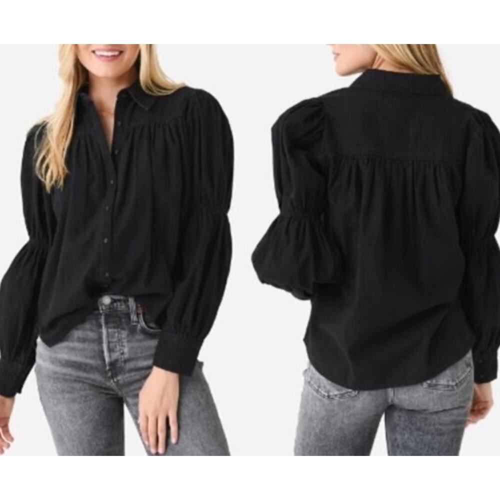 Cleobella Blakely Blouse M Black Puff Sleeve Button Down Boho Cotton Top - Picture 3 of 9